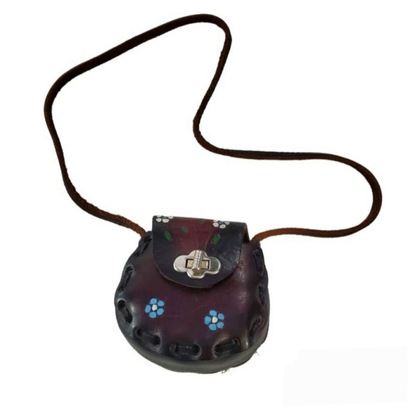 Vintage Genuine Leather Floral Embossed Tooled Hand Painted Mexican Mini Bag - Picture 1 of 8